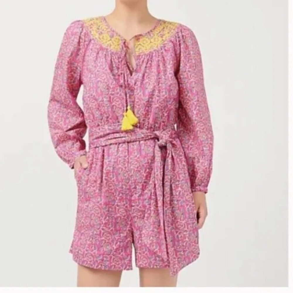 J Crew Romper pink floral cross stitch embroidery shorts cotton tie vines 8